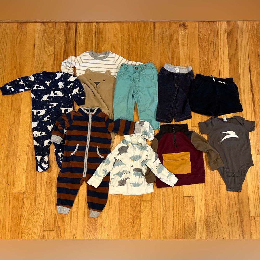 9 Piece Kids Bundle 9-12M Sleepers, Pants, Shorts, Sweatshirt Jackets, Onesie